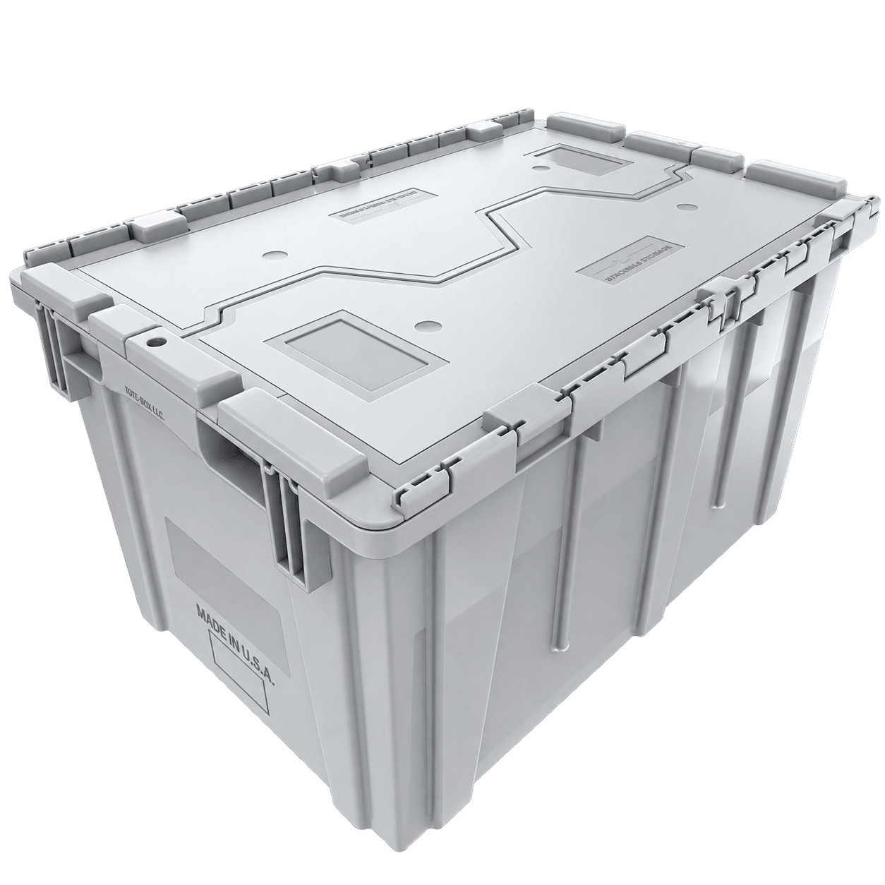 Gray plastic moving tote with its attached lids closed