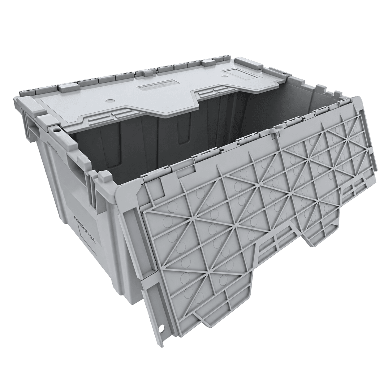Gray moving tote with one attached lid folded open to show the interior
