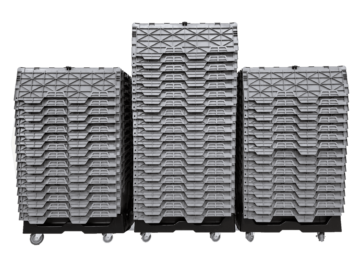 50 nested moving totes with 3 rolling dollies