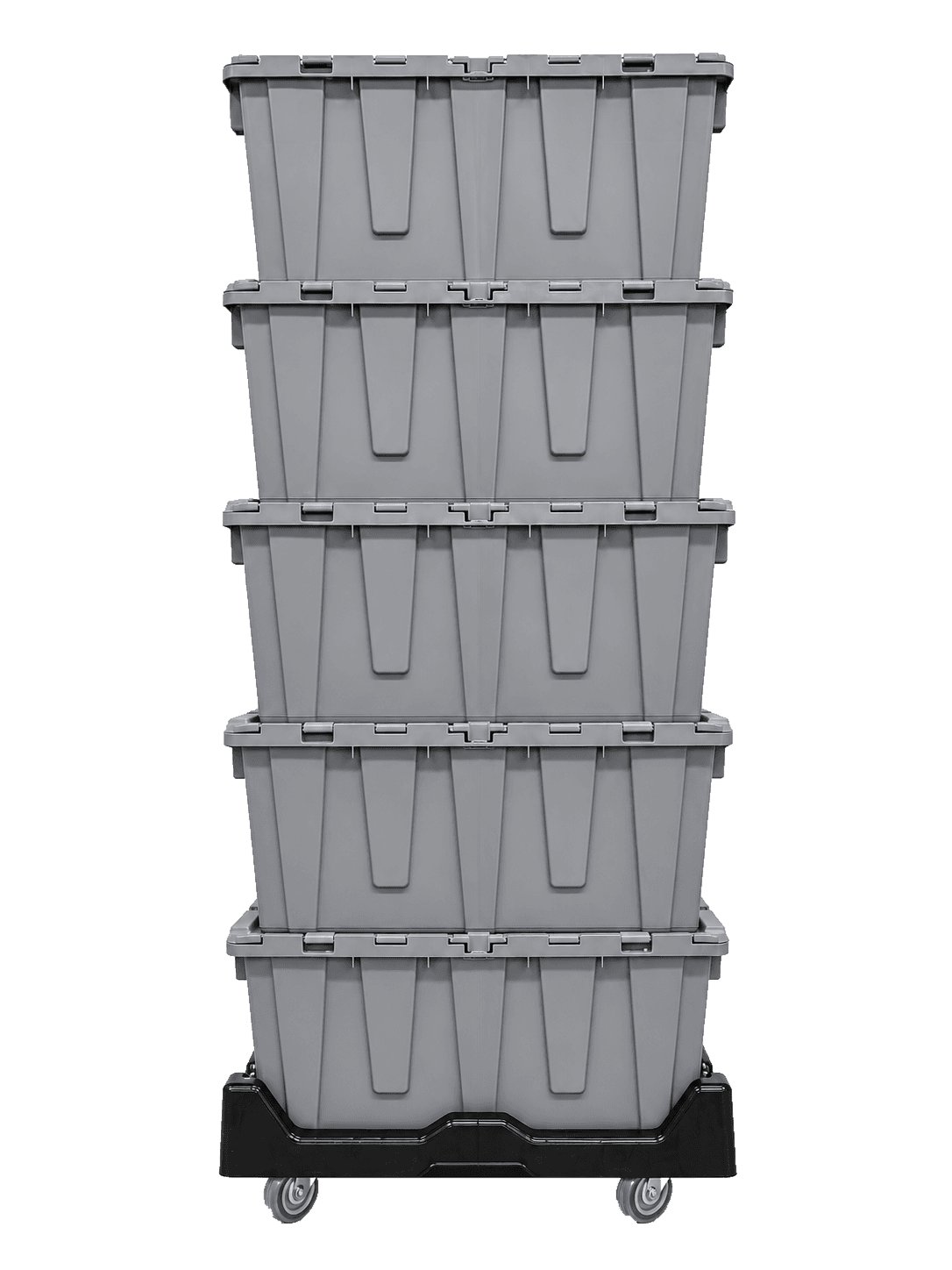 Five gray totes with closed lids stacked on a wheeled dolly
