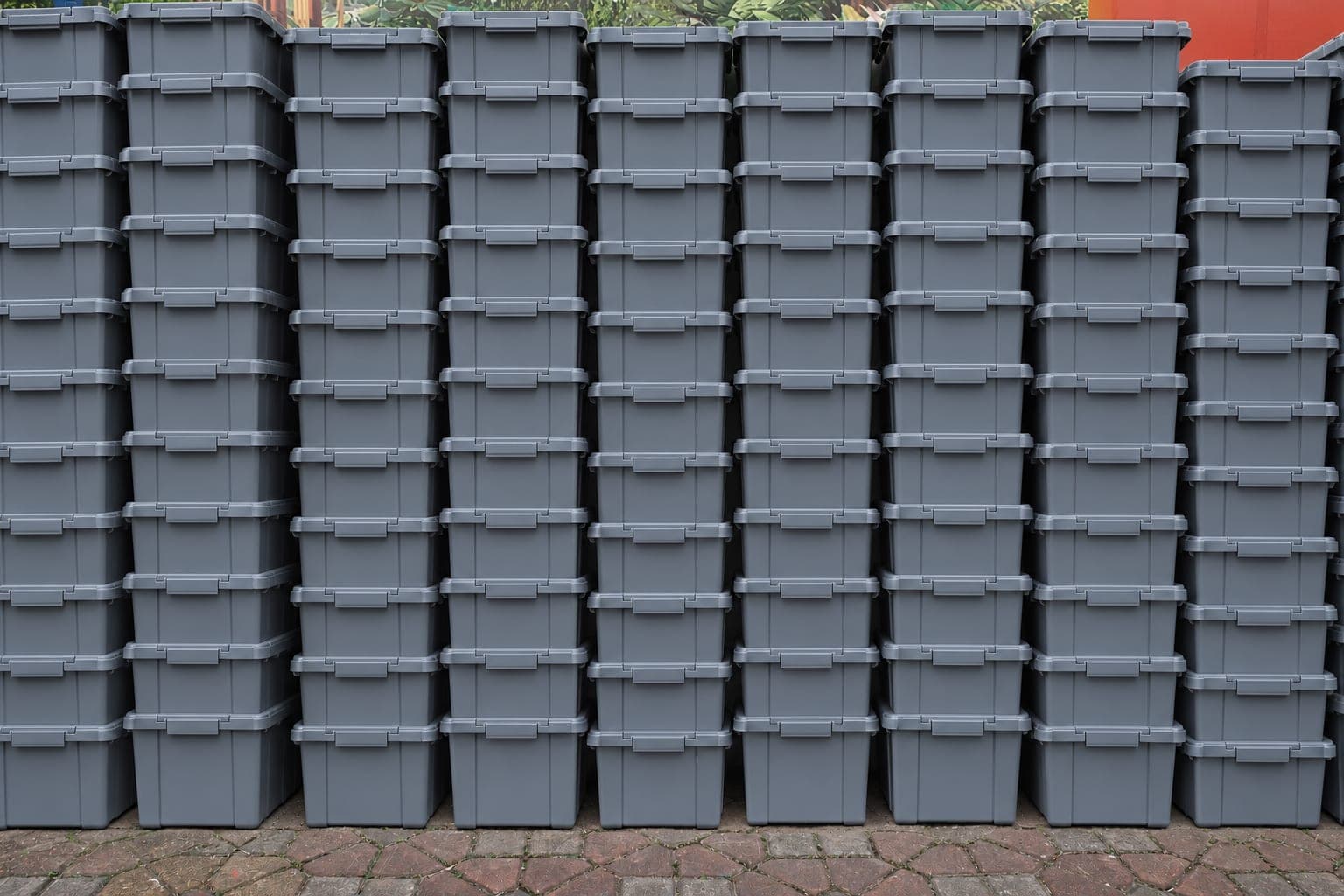Tall stacks of gray plastic totes with their lids on